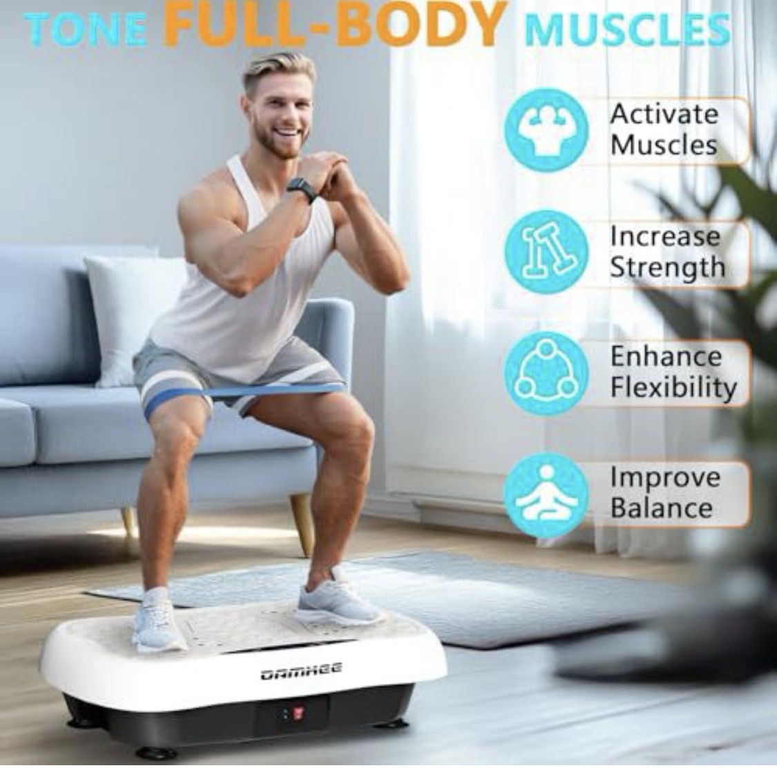 Damkee Vibrating Board Workout, Weight Loss Exercise Equipment and Lymphatic Drain Massager, Waver Fitness Exerciser, 4 Resistance Bands (White)