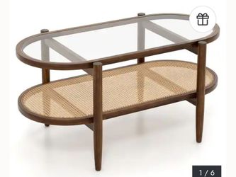 2-Tier Coffee Table Tempered Glass Top with PE Rattan Shelf