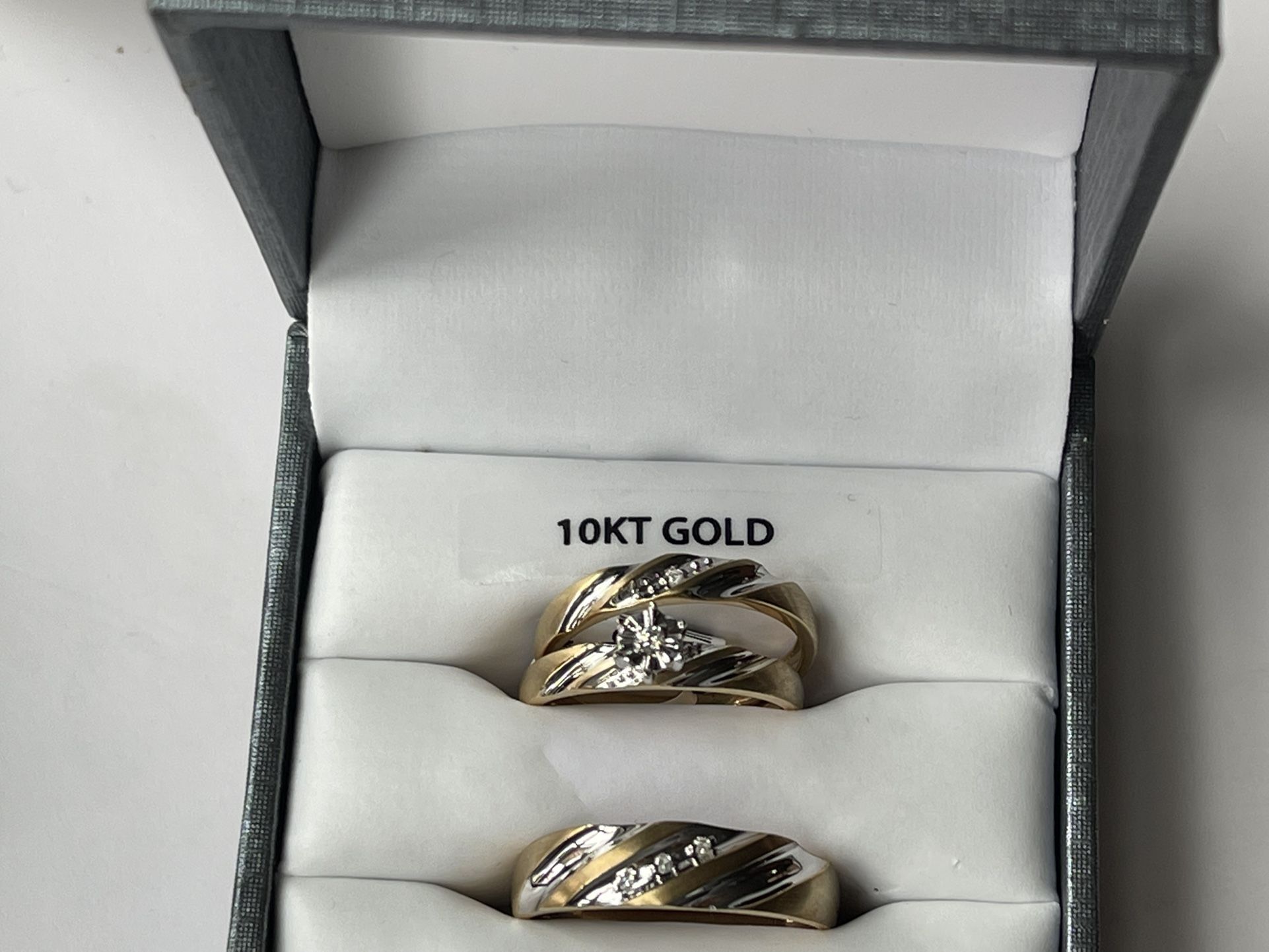 10K Gold Diamond Accent Trio Engagement Ring Bridal Set Womens and Mens Engagement Ring and Band Set