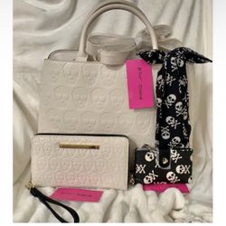 Betsey Johnson Embossed Skull Satchel Set