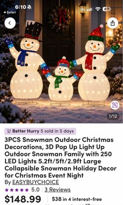 3PCS Snowman Outdoor Christmas Decorations, 3D Pop Up Light Up Outdoor Snowman Family with 250 LED Lights 5.2ft/5ft/2.9ft Large Collapsible Snowman Ho