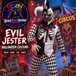 Evil Jester Skeleton Halloween Costume Mask Hood Adult Medium Teen Large