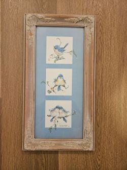 Framed Bluebird Watercolor Art Triptych