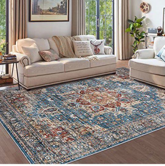 Area Rugs for Living Room: 8×10 Rug for Bedroom Machine Washable with Non Slip Backing Non Shedding, Boho Medallion Floral Large Carpet for Dining Roo