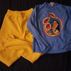 Disney Pocahontas Blue Light Weight Sweat Shirt + Yellow Sweat Pants Girls Med 10-12  East or West