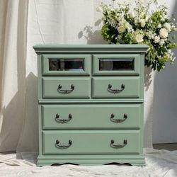 Sage green tv dresser with 4 storage drawers and upper cabinet to hide cable box/gaming system