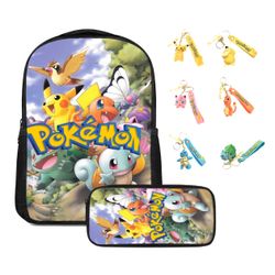 Pokemon Backpack with Pencil Schoolbag for Girls Boys with random one keychains.