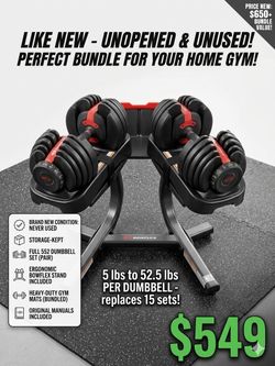 BRAND NEW Bowflex 552 Adjustable Dumbbells + Ergonomic Stand – Unused!