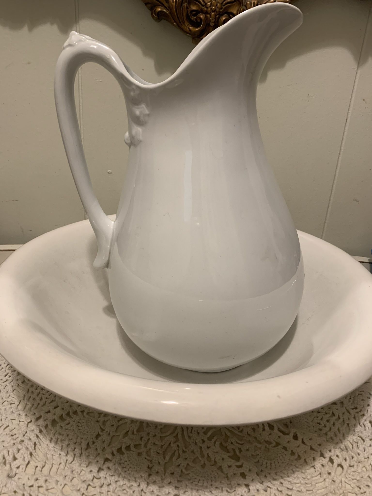 Antique white Ceramic 13” water pitcher w/ Bowl-Royal Patent Ironstone-George Jones & Sons-England