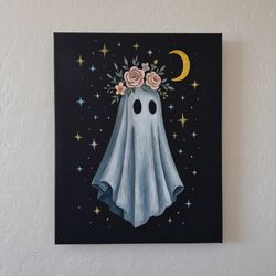 Hand-Painted Ghost Art With Flower Crown - 16x19 Acrylic Canvas