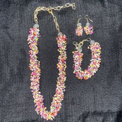 Handmade Beaded Necklace Earrings & Bracelet Set 