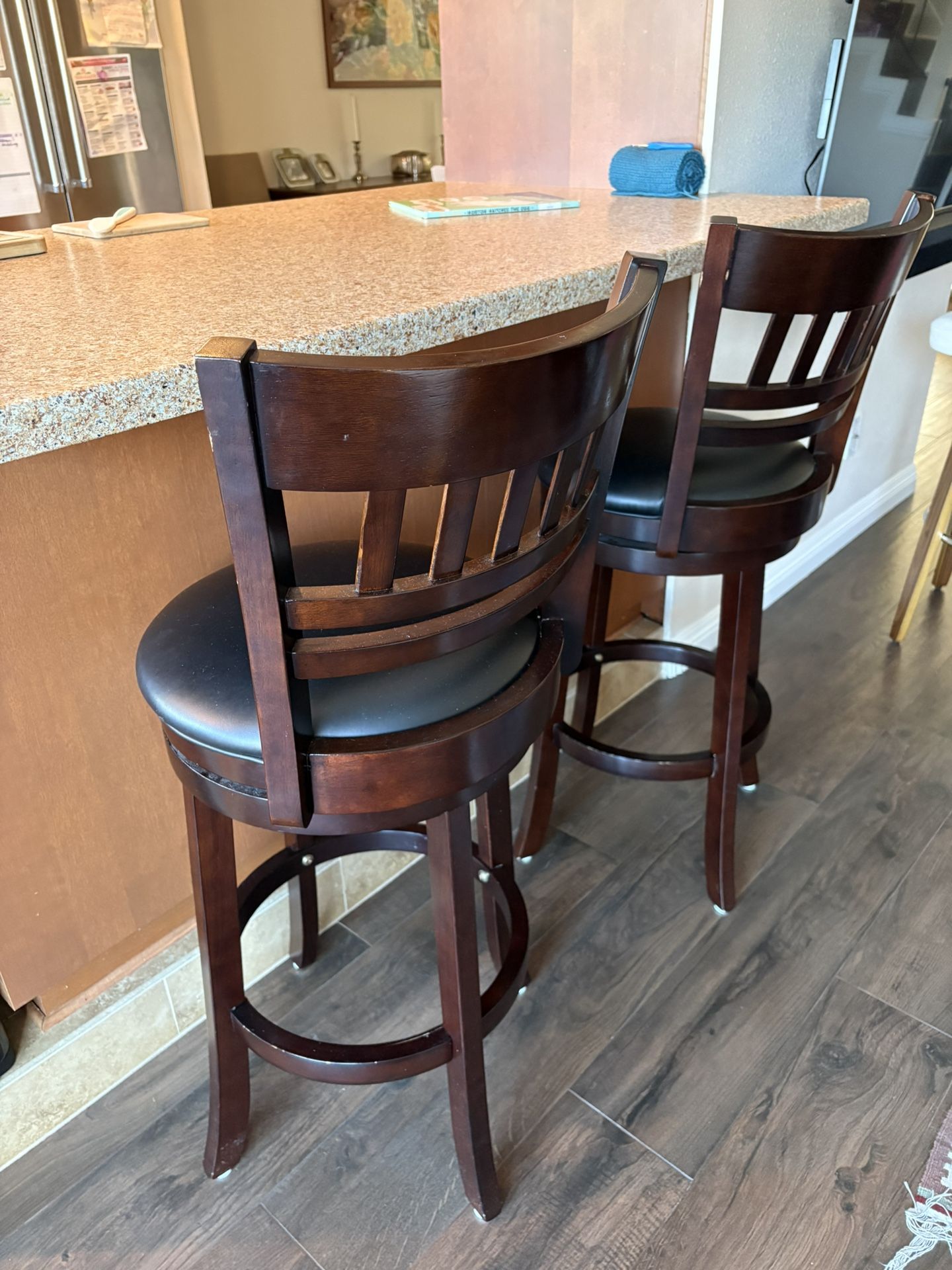 Bar Stools - Set Of 2 Swivel Dark Wood & Black Leather