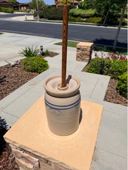 Antique Marshall Pottery Butter Churn Crock 2 Gallon with Wood Dasher and Lid