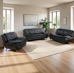 Black Faux Leather Sofa Set 3-Piece