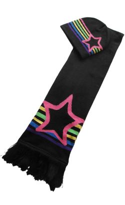 Cute Knit Hat/Beanie & Scarf Set with Stars & Multi Stripes - Black/Brown