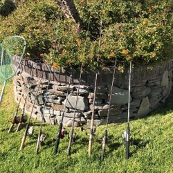 NINE (9) Fishing Rods with Reels Plus a nice Fishing net. 