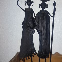 Metal African Tribal Warrior and Woman Carrying Basket on Head Home Decor - 19"