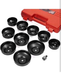 XtremepowerUS 10-Pieces Universal Oil Change Filter Cap Wrench Cup Socket 3/8" inch Square Drive Oil Canister Socket with Case, Red/Black45129/1