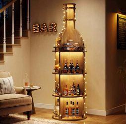 75" Wine Rack With Shelves, Round Wine Cabinet With Hanging Goblet Holder (No Lights)