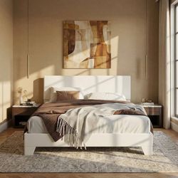 Full Size PU Leather Upholstered Full Size Bed Frame with Headboard, White