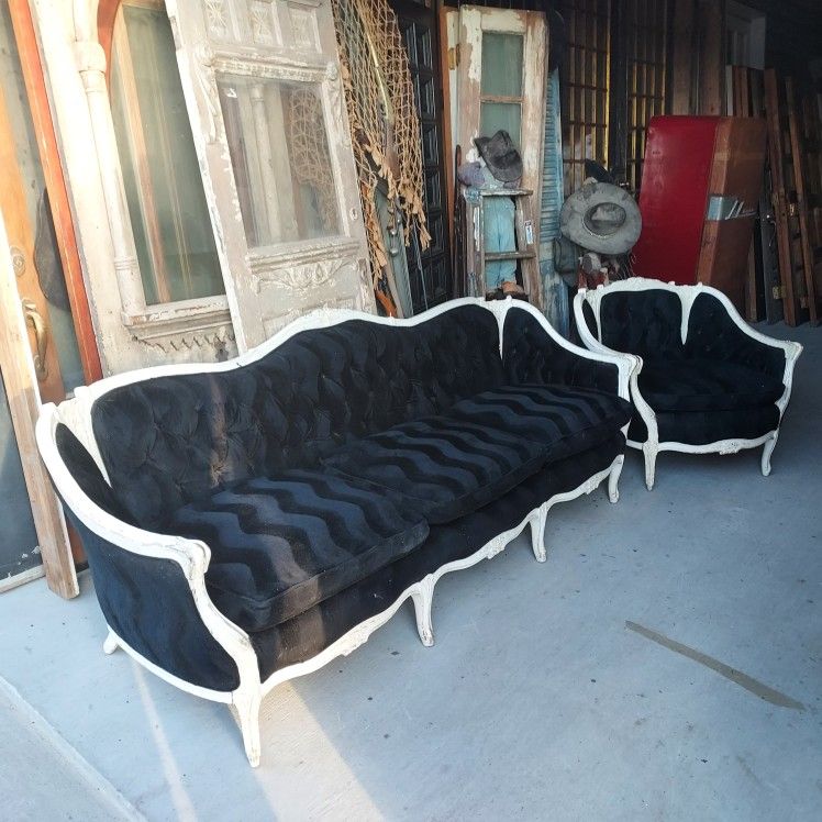 Vintage French Provincial Carved Sofa Couch & Barrel Armchair: French Louis XV Style