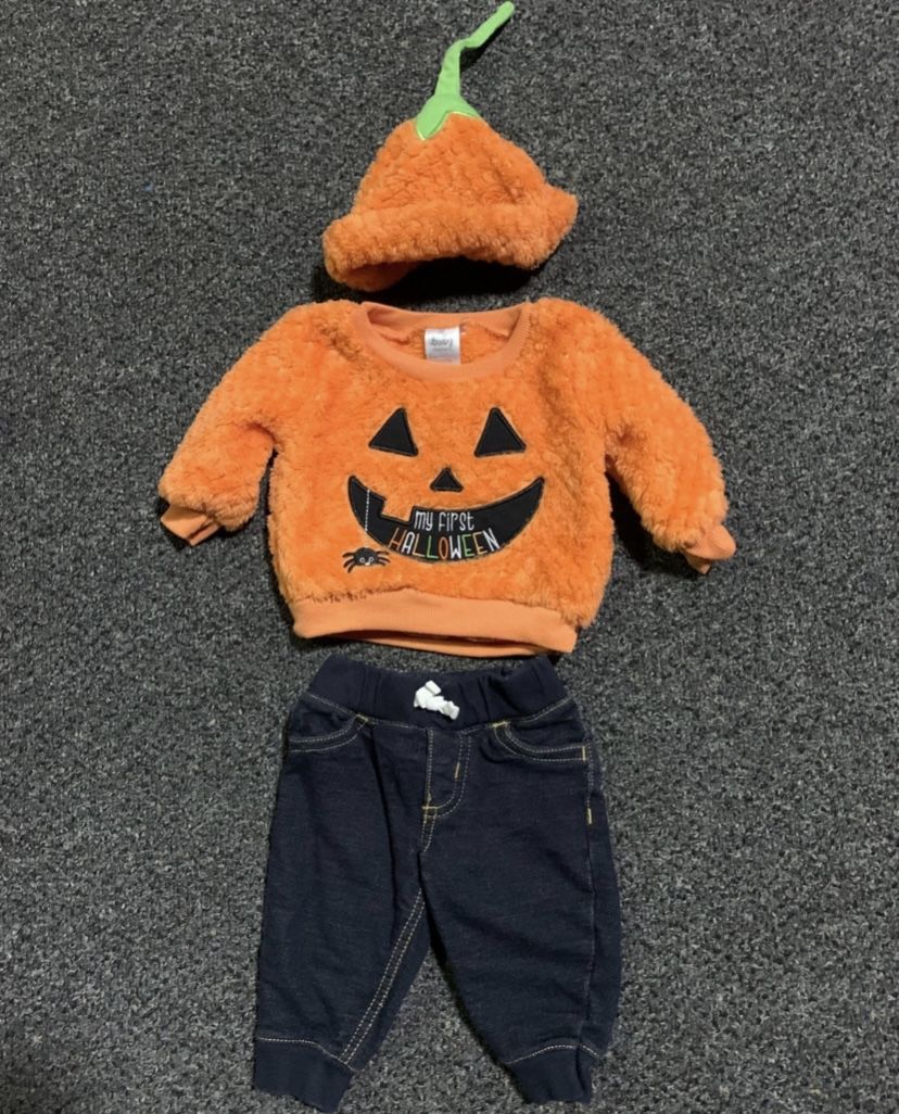 Adorable infant boy size 6 month embroidered “My First Halloween” pumpkin face fleece shirt, hat and denim jean pants outfit