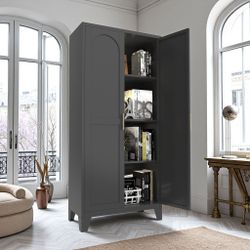 61'' 2 Shapely Doors Cabinet, Metal Storage Cabinet with Doors and Adjustable Shelves, for Bedroom, Living Room(Black)