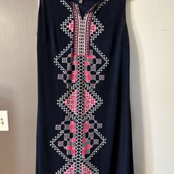 Sleeveless Beautiful Dress - JM Collection (from Macy’s) - Color: Navy Blue w Hot Pink/White Triangles - Size 1X