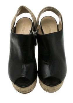 Authentic Gucci Espadrille Black Leather Wedge Platform sandals 35.5