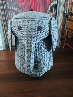 Teal Elephant Rattan Lidded Lined Laundry Hamper Storage Basket 21"×15" Round