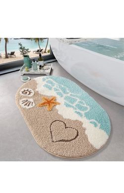 Beach Bathroom Rug Oval Soft Microfiber Absorbent Bath Mat 22x34 Machine Washable Bath Rug with Non-Slip Rubber Backing, Coastal Floor Mat for Shower,