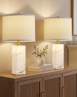22" Table Lamps Set of 2, Ink-Wash Stone-Inspired Lamps with Night Light