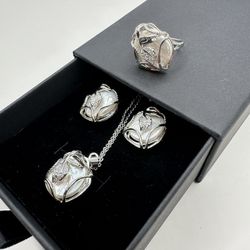 Set of 3 (necklace, ring and earrings) made of natural white freshwater baroque  pearl. for mother day or wedding 