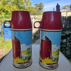 Vintage 1958 RED BARN Lunchbox Thermos - set of 2