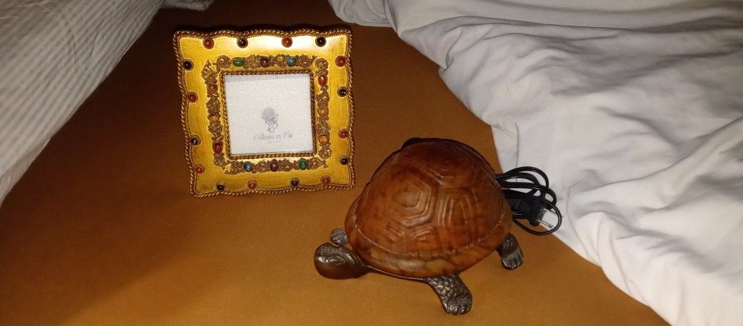 Brass And Amber Turtle Lamp With Vintage Collette Et Cie Frame