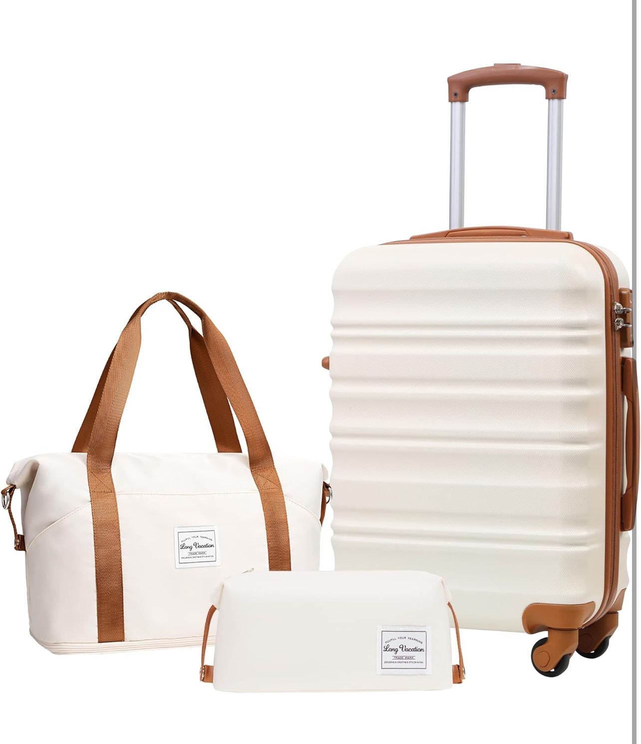 Carry On Luggage Sets 3 Piece 20 Inch Suitcase Set, ABS+PC Hardshell Lightweight Travel Luggage with Spinner Wheels & YKK Zipper TSA Lock (WHITE-BROWN