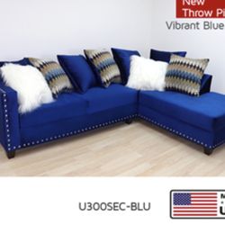New Blue Velvet Sectional Nail Trim W/Throw Pillows