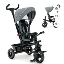 4-in-1 Baby Tricycle Toddler Trike w/ Convertible Seat Grey