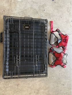Folding Metal Dog Crate and Two Red Dog Harnesses