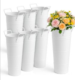 6 Pcs Galvanized Bucket Bar, 10 Inch Tall White Flower Buckets with Waterproof Coating Vintage French Bucket Vases with Handles for Home Decor Table C