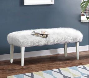 White Faux Fur Upholstered Bench with Wooden Legs