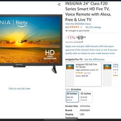 24 Inch INSIGNIA fire TV F20 SERIES LED HD, dts TrueSurround, HDMI, w Press & ask Alexa Remote $50