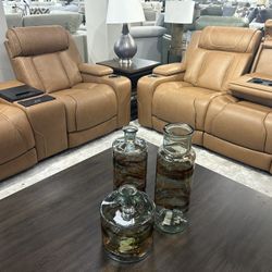 1ST Class Brown Leather Dual Power Reclining Living Room Set Includes Sofa And Loveseat With Storage Consoles, Dropdown Table And Fridge