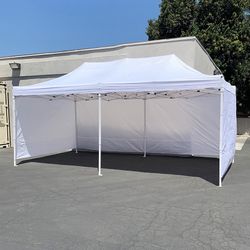 (NEW) $240 Heavy Duty 10x20 FT Canopy (with 4 Sidewalls) Ez Pop Up Outdoor Party Tent w/ Carry Bag (White/Blue) 