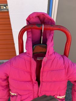 Girl’s Puffer Jacket- Bright Pink with Rainbow Trim (Size 7/8)