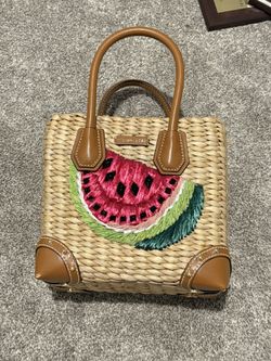 Michael Kors Malibu Watermelon Embroidered Woven Straw Crossbody Bag