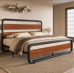 Full Size Metal Bed Frame with Wooden Headboard, Walnut
