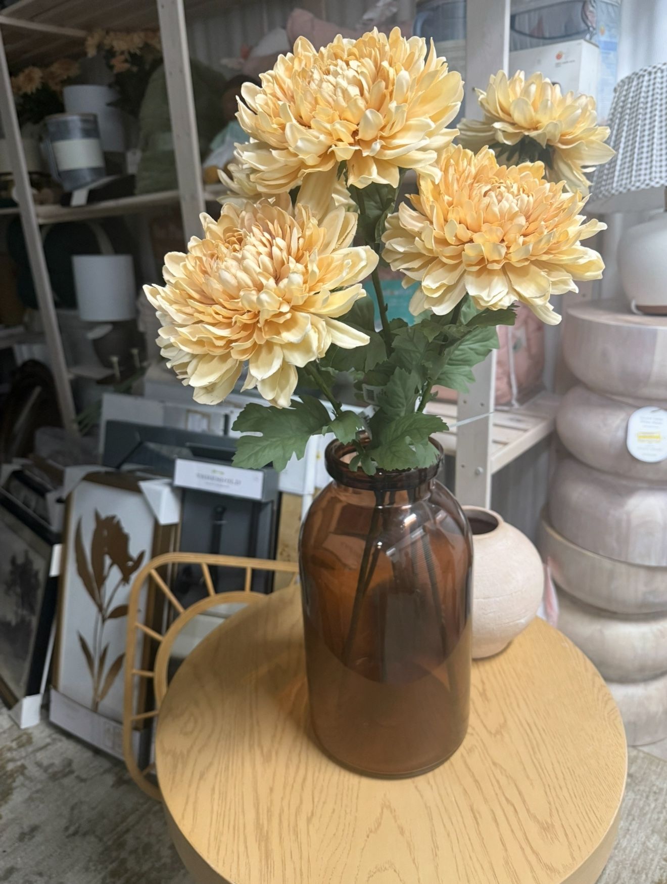 14" Tinted Glass Jug Vase Amber & 25" Faux Beige Chrysanthemum Flower Stem - Hearth & Hand™ with Magnolia