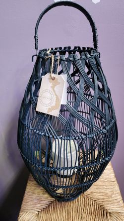 2 Handcrafted Dark Blue Grey Wash Willow Lantern