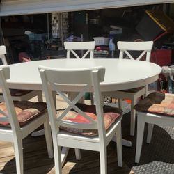 IKEA INGATORP Extendable Round Table & 6 INGOLF Chairs W/ Cushions 